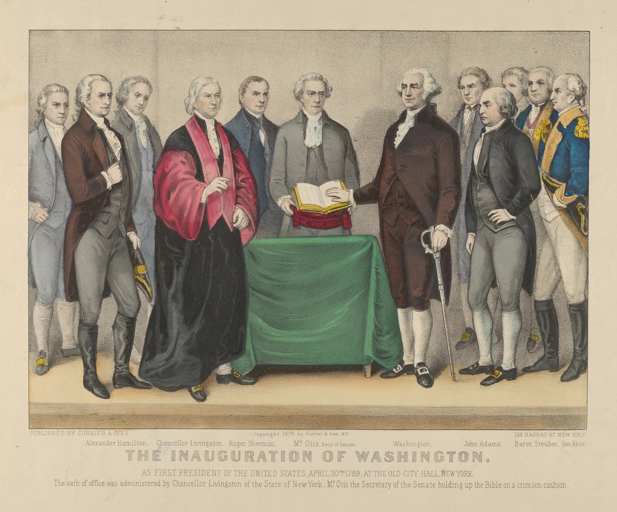 Washington beiktatása az Egyesült Államok első elnökévé 1789. április 30-án a New York-i régi városházán alkotó: Currier and Ives