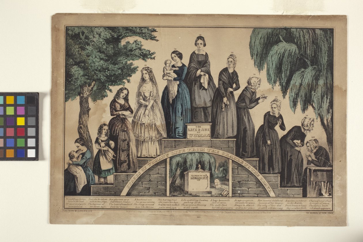 A nő élete és kora/A nő életének szakaszai a bölcsőtől a sírig (kézzel színezett litográfia) alkotó: N. and Ives J.M. (1824 95) Currier