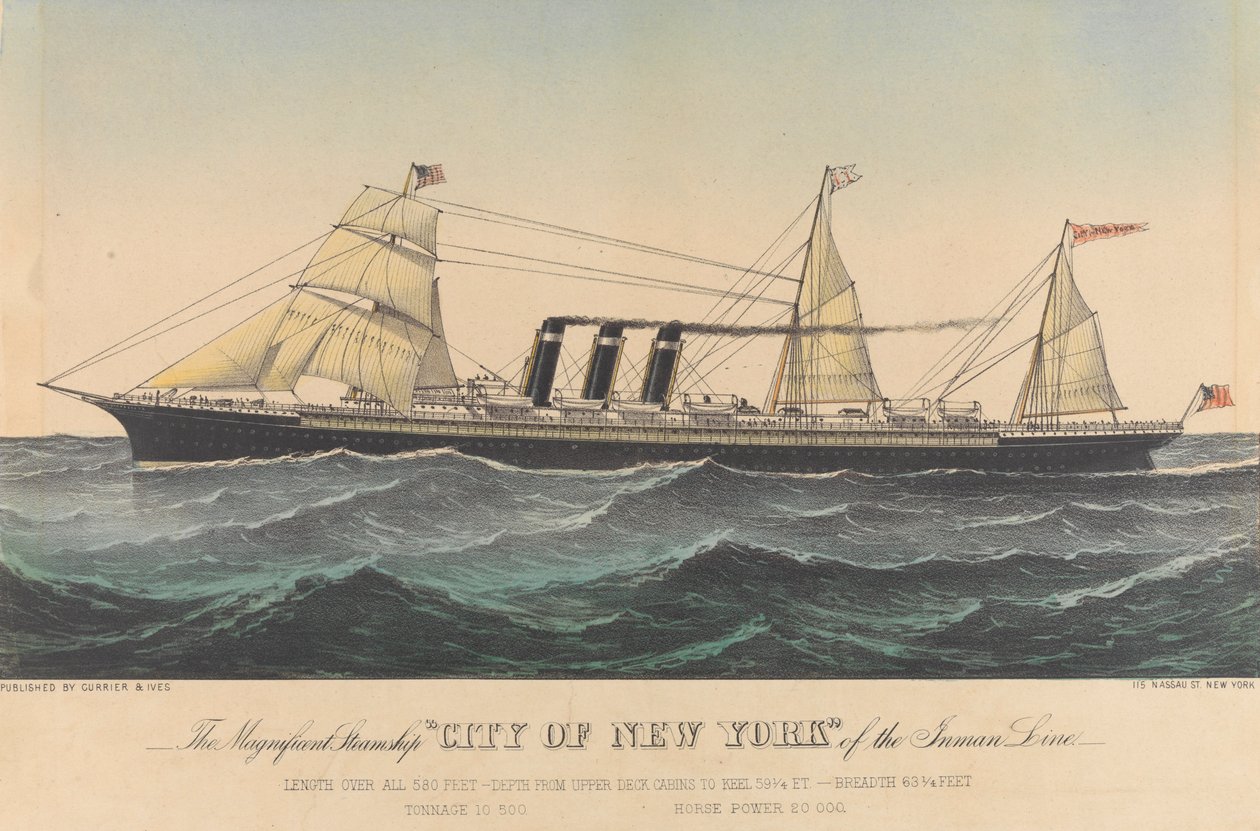 Az Inman Line "City of New York" nevű csodálatos gőzhajója, 19. század vége (litográfia, színes) alkotó: N. and Ives J.M. (1824 95) Currier