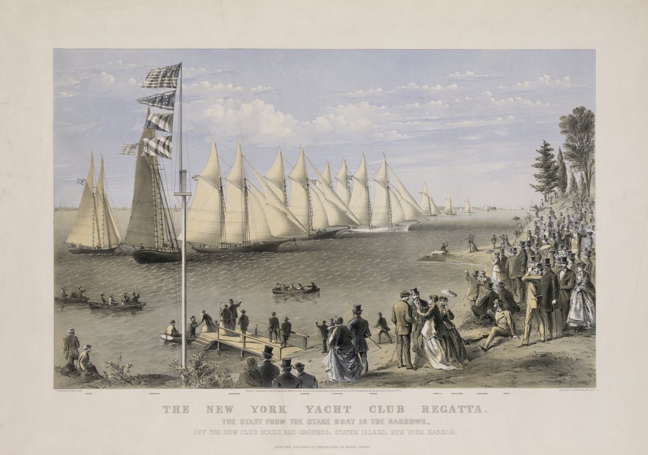 A New York-i jachtklub regatta, 1869 körül (színes litográfia) alkotó: Currier and Ives