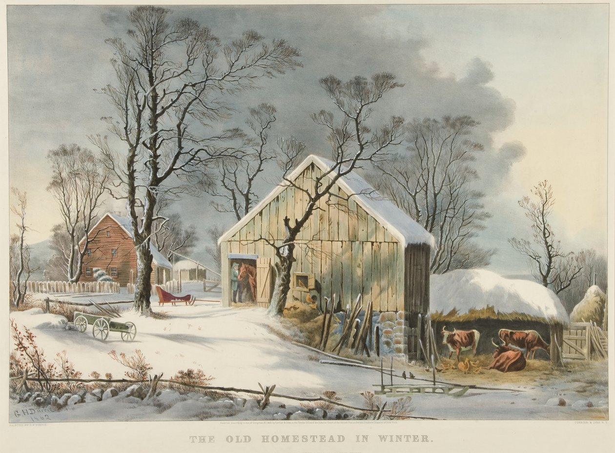 A régi tanya télen alkotó: Currier and Ives