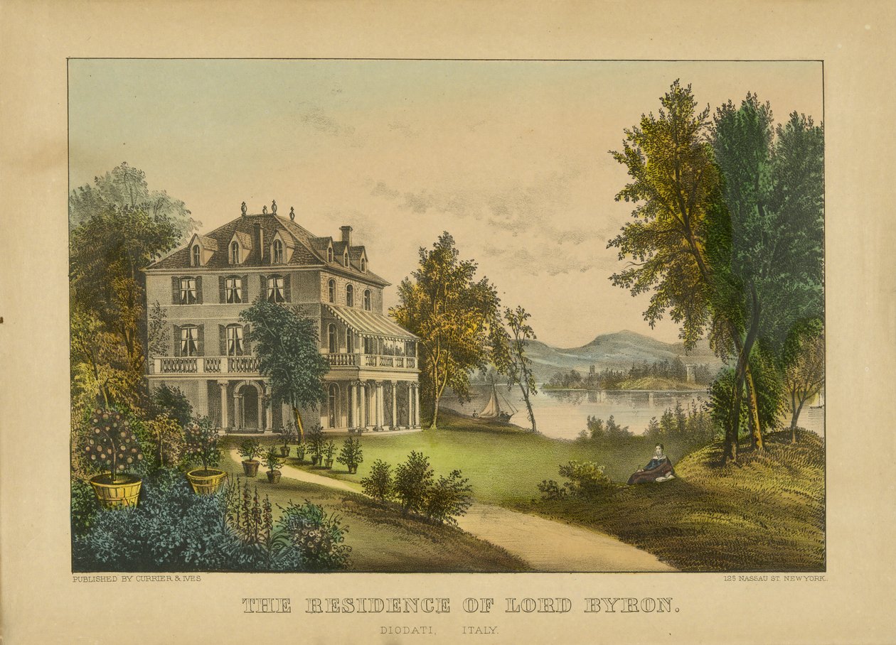 Lord Byron rezidenciája (kézzel színezett litográfia) alkotó: Currier and Ives