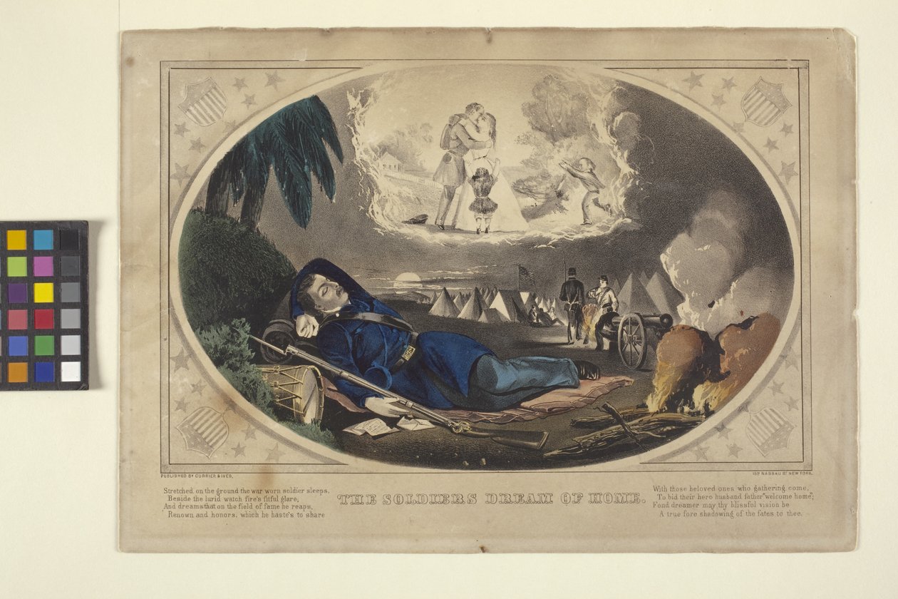 A katona álma az otthonról (kézzel színezett litográfia) alkotó: N. and Ives J.M. (1824 95) Currier