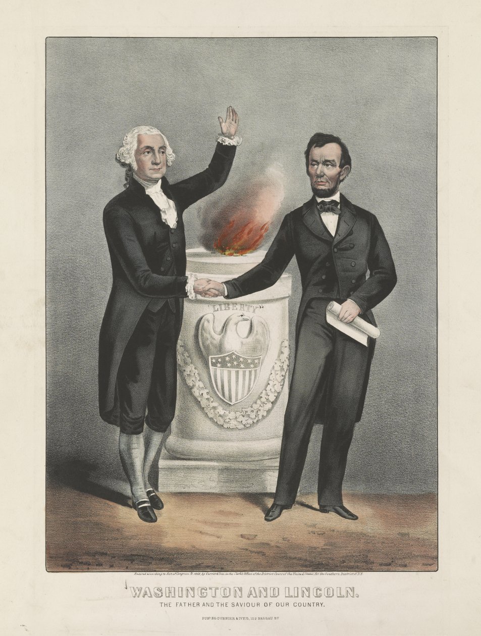 Washington és Lincoln. Hazánk atyja és megmentője, 1865 körül (színes litográfia) alkotó: Currier and Ives