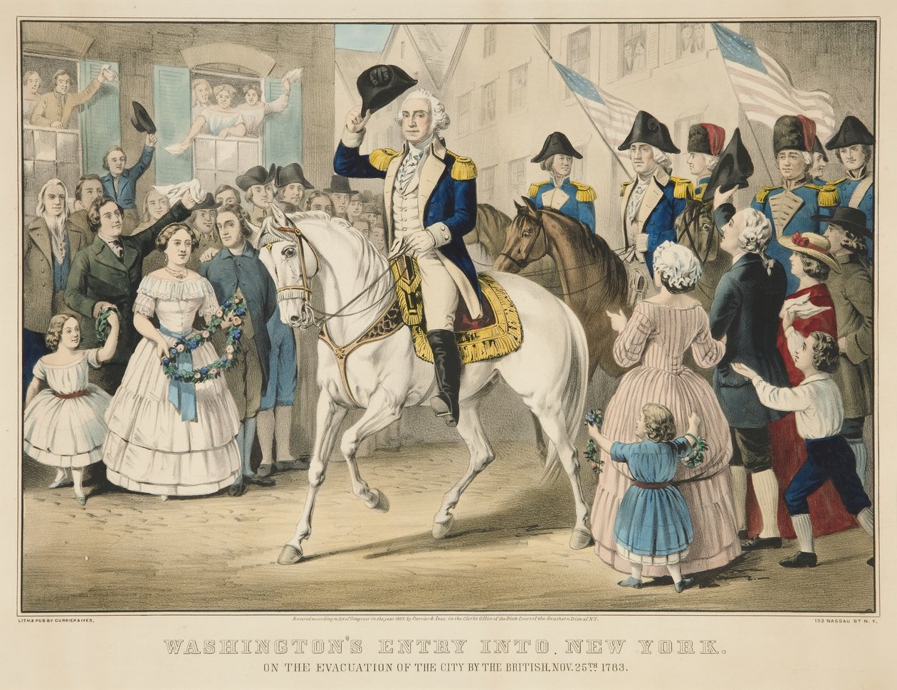 Washington belépése New Yorkba a város britek általi evakuálásakor 1783. november 25-én alkotó: Currier and Ives