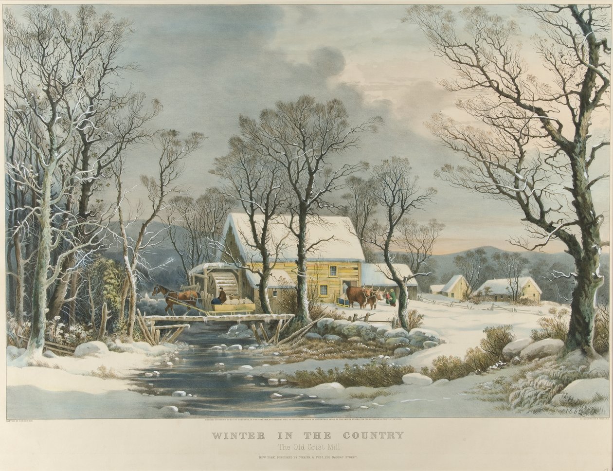 Tél a vidéken, az Öreg Grist Malom alkotó: Currier and Ives