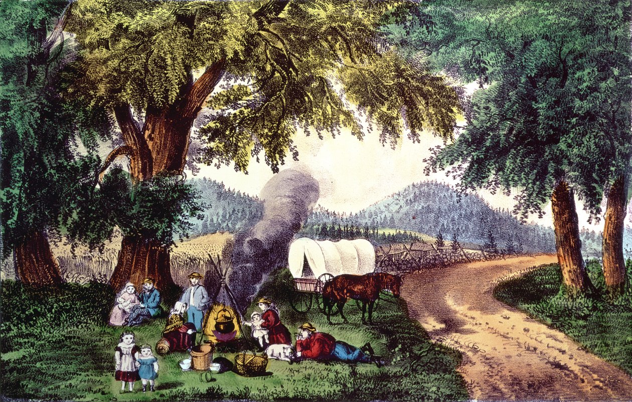 Megállás az út mellett (nyomtatott) alkotó: N. and Ives, J.M. Currier