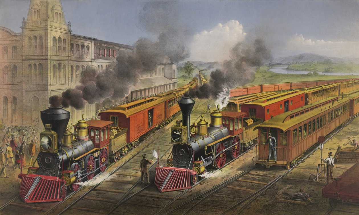 Amerikai vasúti jelenet: villámgyors vonatok elhagyják a csomópontot, 1874 alkotó: N. and Ives, J.M. Currier