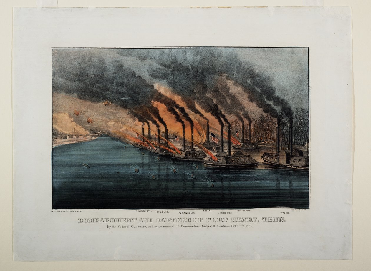 Fort Henry bombázása és elfoglalása, Tenn, 1862 körül alkotó: N. and Ives, J.M. Currier