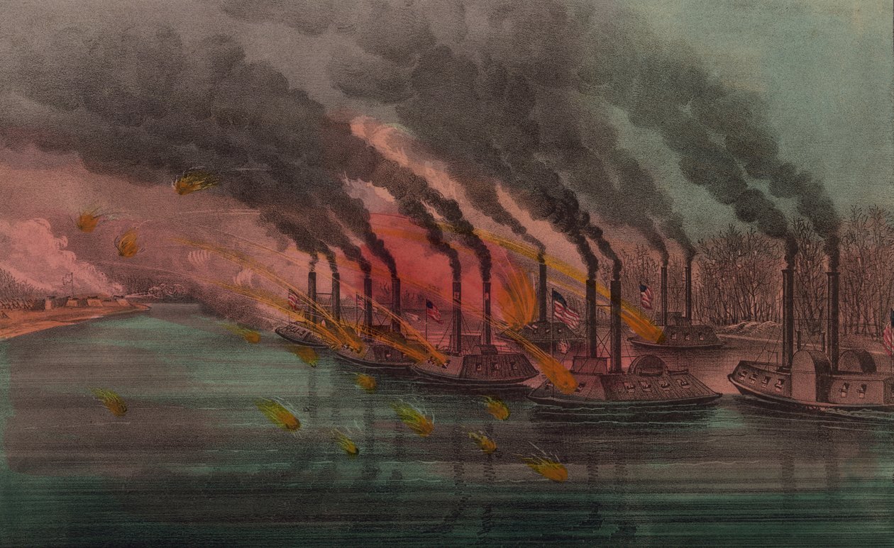 Fort Henry bombázása és elfoglalása szövetségi ágyús csónakok által, 1862 alkotó: N. and Ives, J.M. Currier