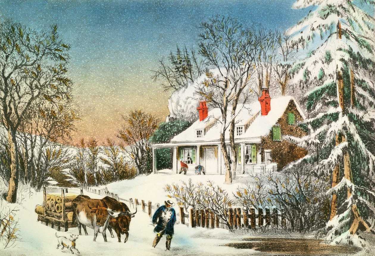 Hazahozzuk a rönköket, Téli táj, 19. század alkotó: N. and Ives, J.M. Currier