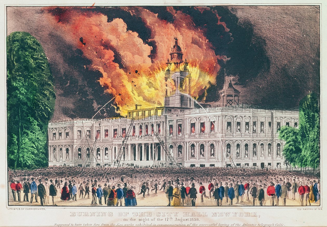 A New York-i Városháza felgyújtása 1858. augusztus 17-én alkotó: N. and Ives, J.M. Currier