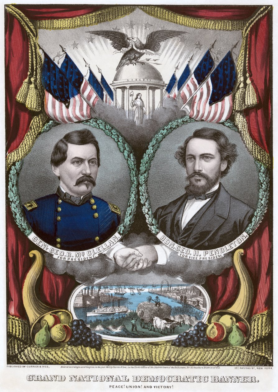 Nagy nemzeti demokrata zászló. Béke! Unió! és győzelem!, 1864 alkotó: N. and Ives, J.M. Currier