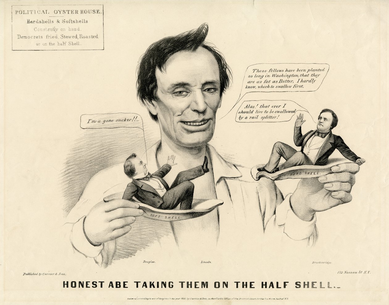 Honest Abe, aki felveszi őket a félhéjon, 1860 alkotó: N. and Ives, J.M. Currier