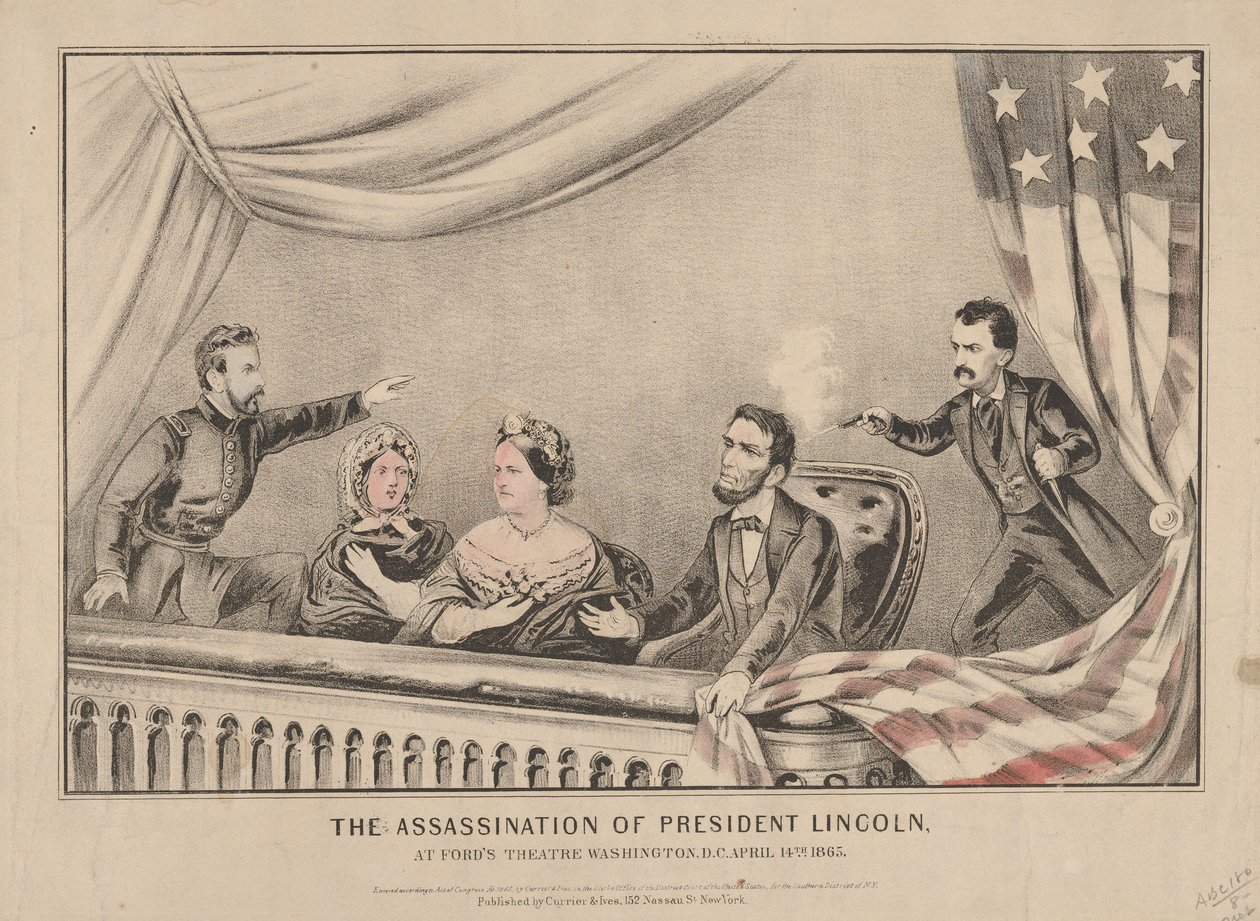 Lincoln elnök meggyilkolása a washingtoni Fords Theatre-ben, 1865 (kézzel színezett litográfia) alkotó: N. and Ives, J.M. Currier