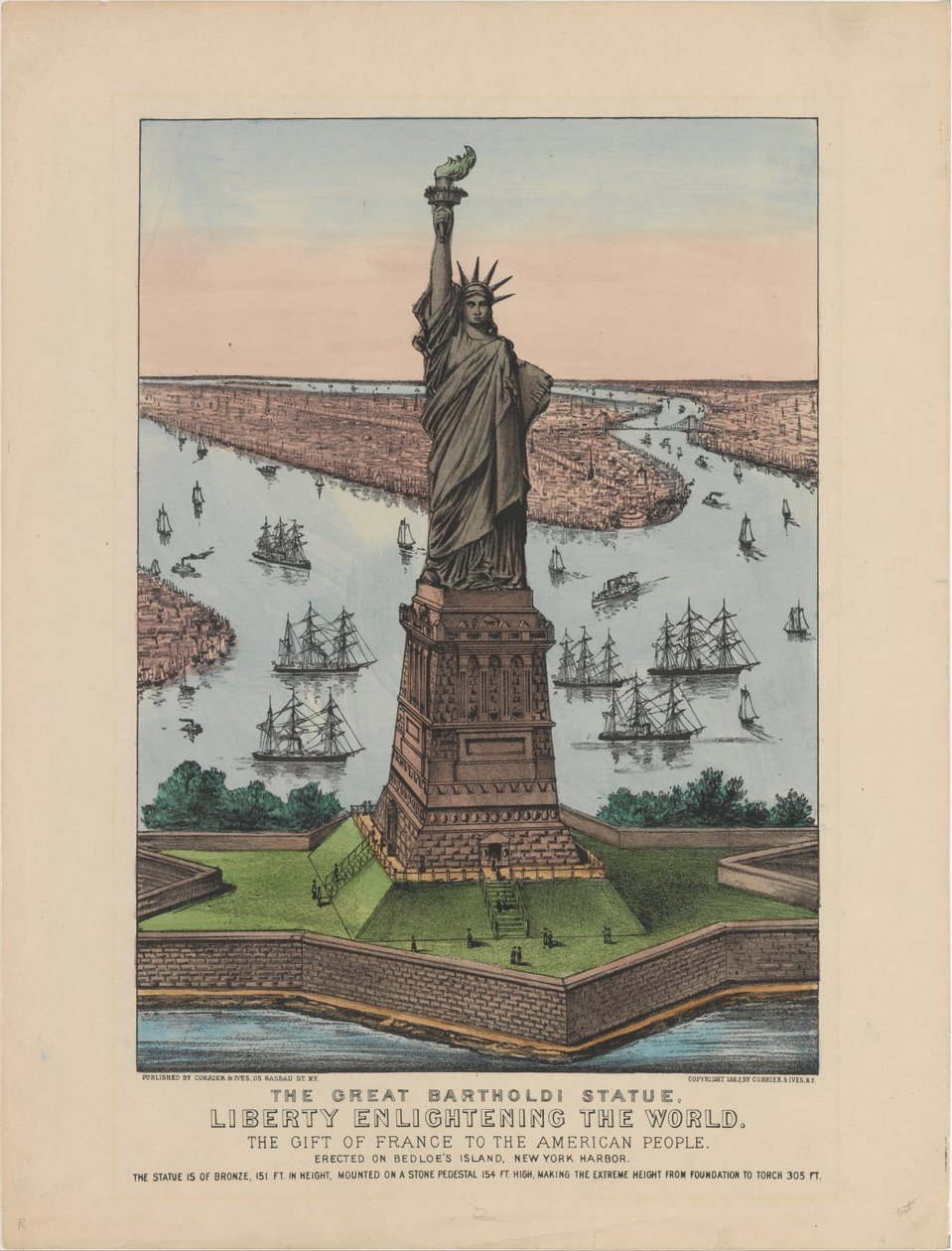 A Nagy Bartholdi-szobor – A világot megvilágosító szabadság, 1885 (kézzel színezett litográfia) alkotó: N. and Ives, J.M. Currier