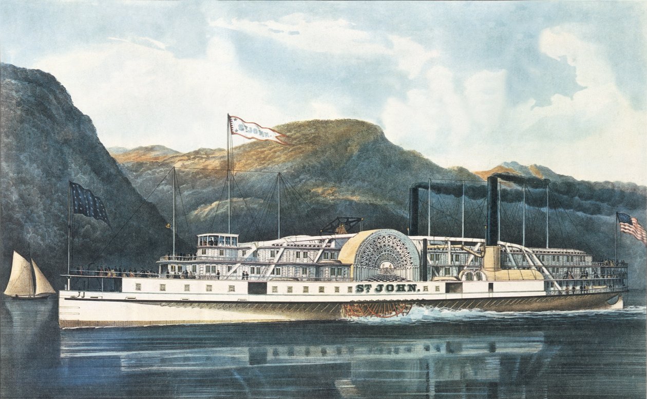 A Hudson River Steamboat `St. János”, 1864-ben jelent meg alkotó: N. and Ives, J.M. Currier