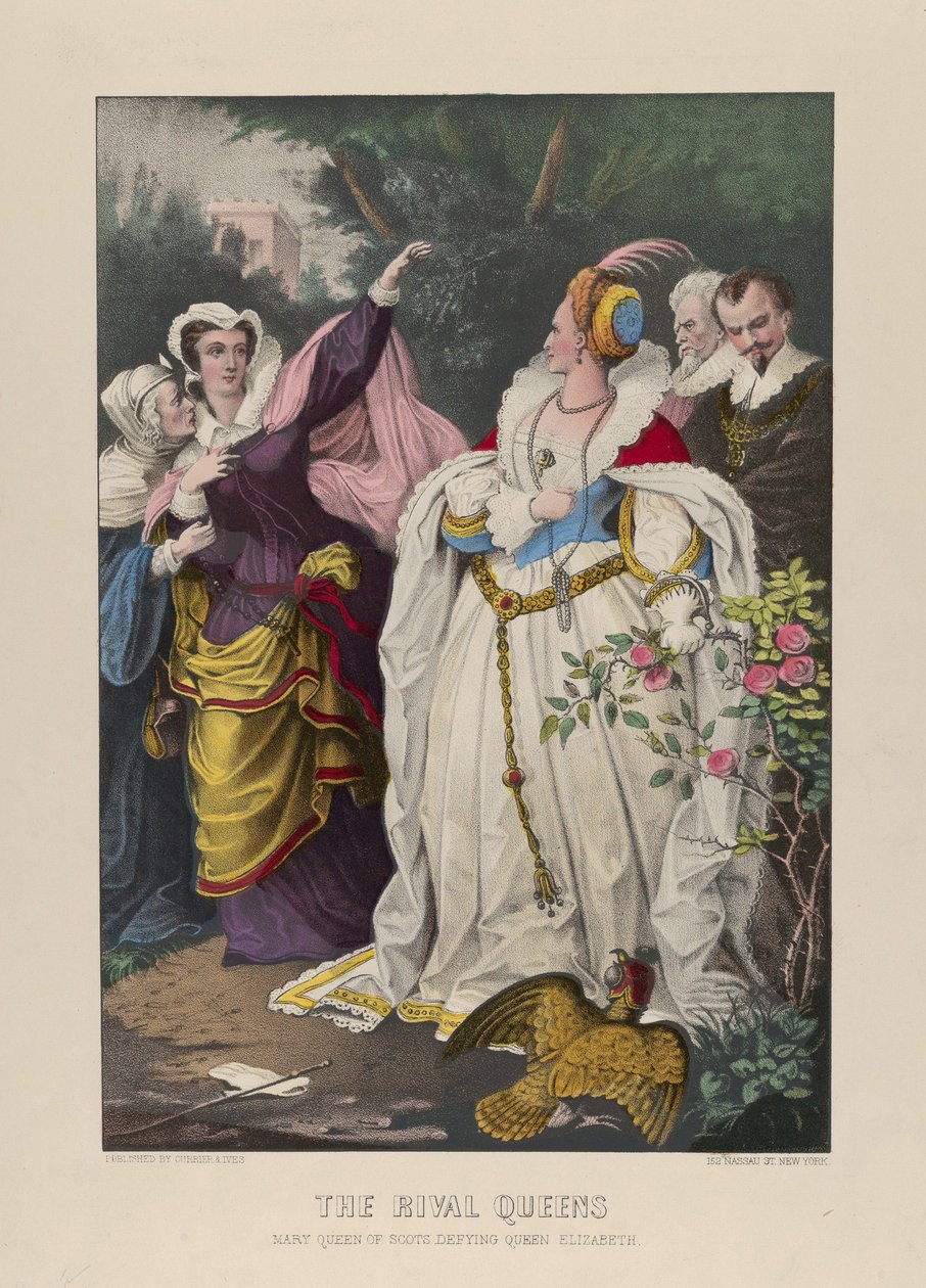 A rivális királynők, Mária, a skót királynő dacol Erzsébet királynővel, 1857-72 (kézzel színezett litográfia) alkotó: N. and Ives, J.M. Currier