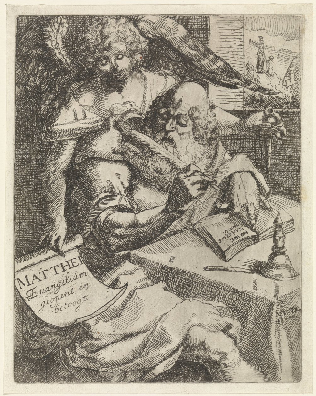 Máté evangélista Matthei Evangelium nyit, és vitatkozik (cím a tárgyon) Címlap ehhez: S. van Til, Het euangelium des H. Apostles Matthæi (...) rövid jegyzetekkel megnyitva, 1687 alkotó: N. van Til