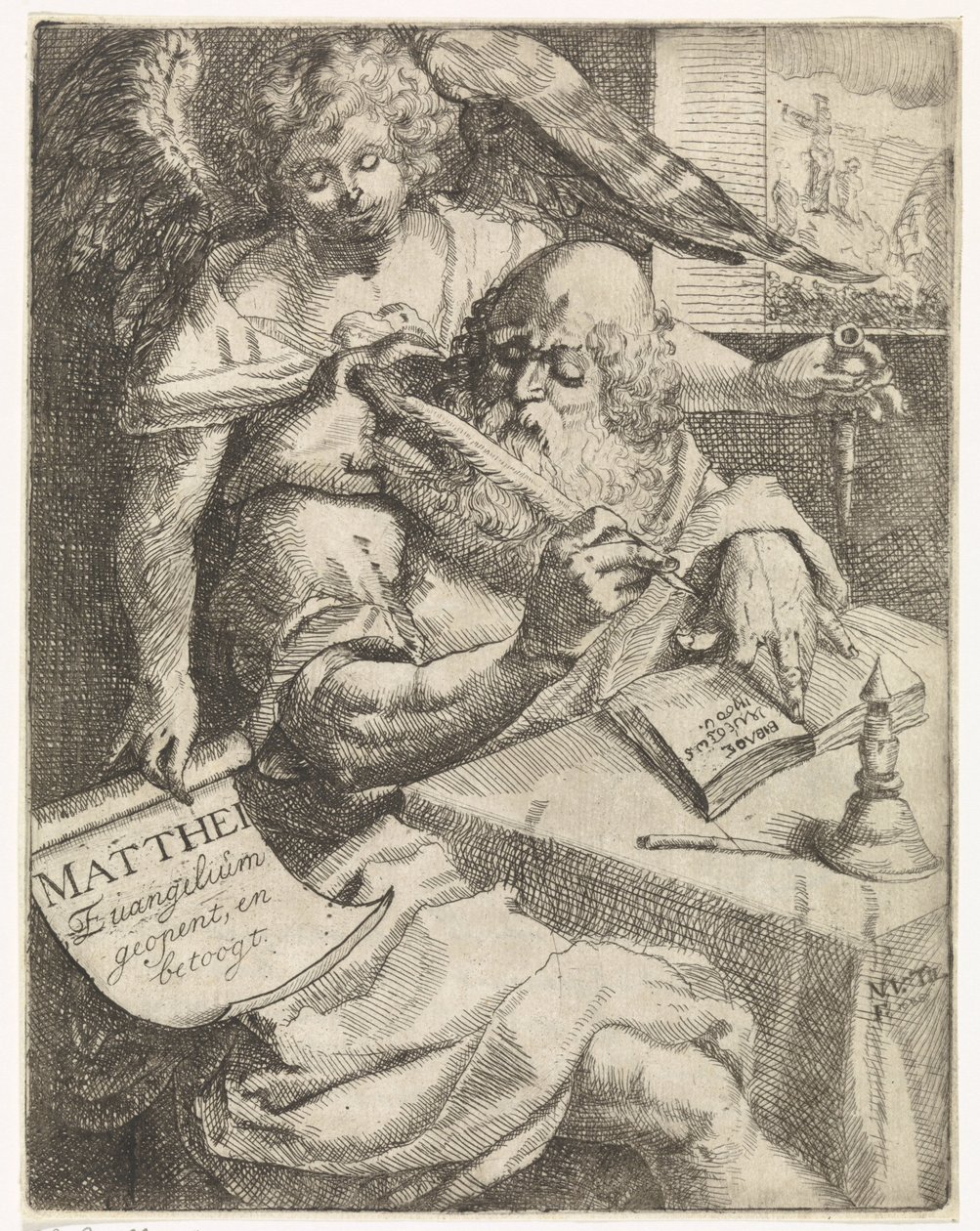 Máté evangélista Matthei Evangelium nyit, és vitatkozik (cím a tárgyon) Címlap ehhez: S. van Til, Het euangelium des H. Apostles Matthæi (...) rövid jegyzetekkel megnyitva, 1687 alkotó: N. van Til