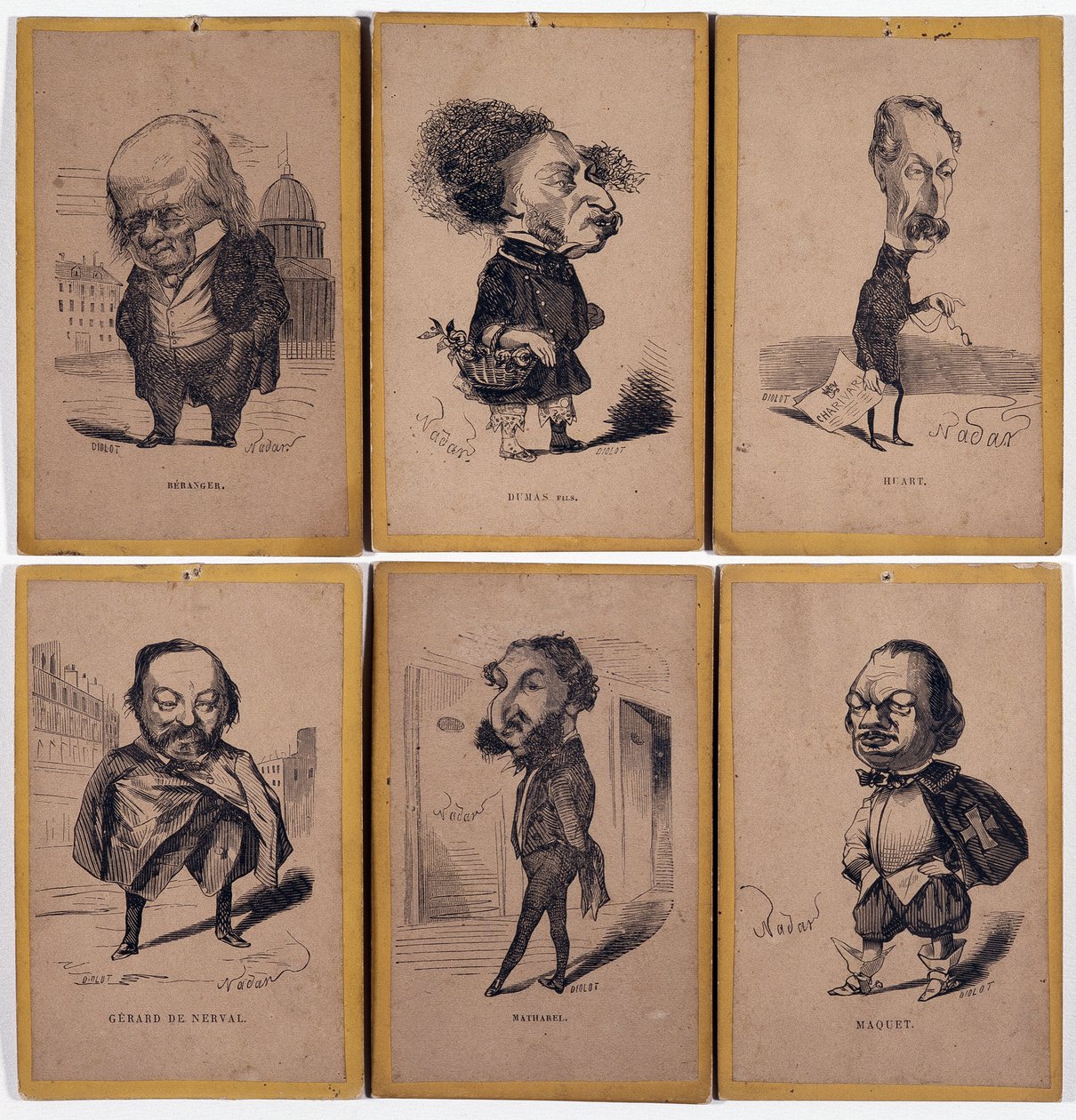 6 Charge Portrék: Pierre Jean de Beranger (1780-1857) francia dalszerző, Alexandre Dumas fils (1824-1895), Louis Adrien Huart (1813-1865) francia újságíró, író és színházi rendező, Gerard de Nerval (1808-1855), Charles Matharel de Fie francia író alkotó: Nadar