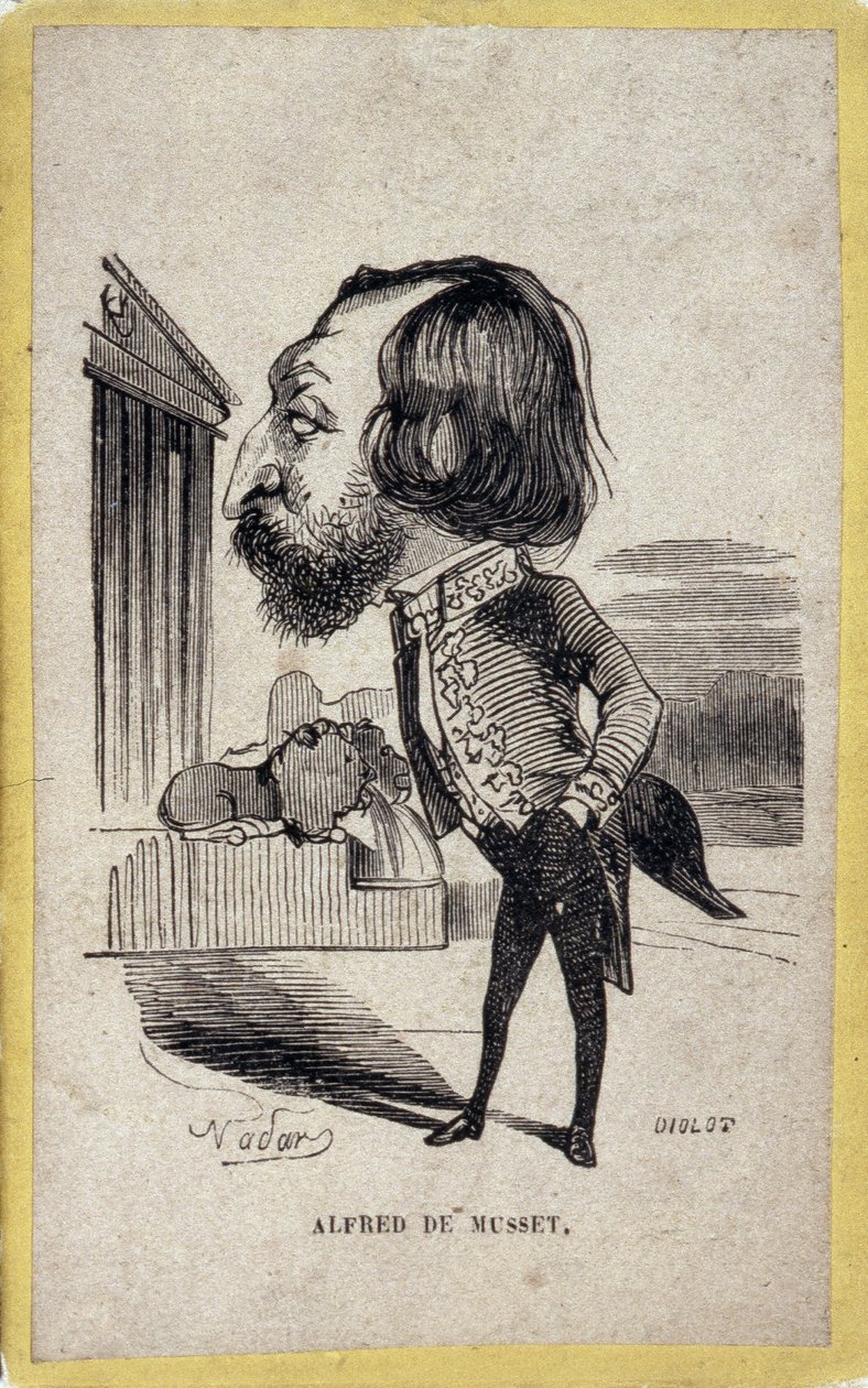 Alfred de Musset (1810-1857) francia költő és drámaíró portréja. Gaspard Felix Tournachon rajzfilmje Felix Nadarban (1820-1910). alkotó: Nadar