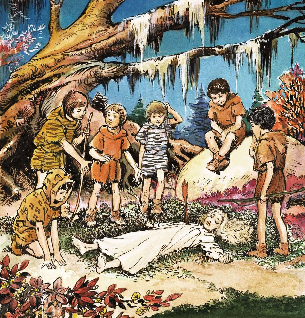 Az elveszett fiúk aggódása a sérült Wendyért, illusztráció J.M. Barrie Pán Péteréből (gouache, papír) alkotó: Nadir Quinto