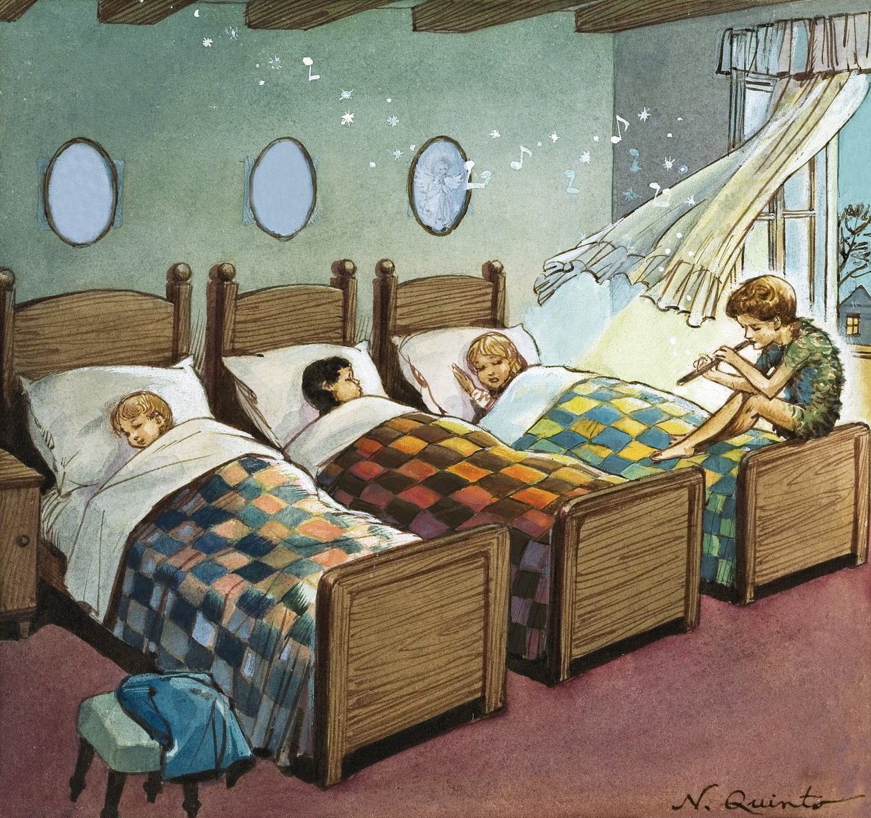 Wendy, Michael és John alszik, illusztráció J.M. Barrie 