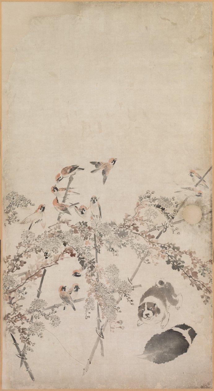 Kölyökkutyák, verebek és krizantémok, 1754-1799. alkotó: Nagasawa Rosetsu