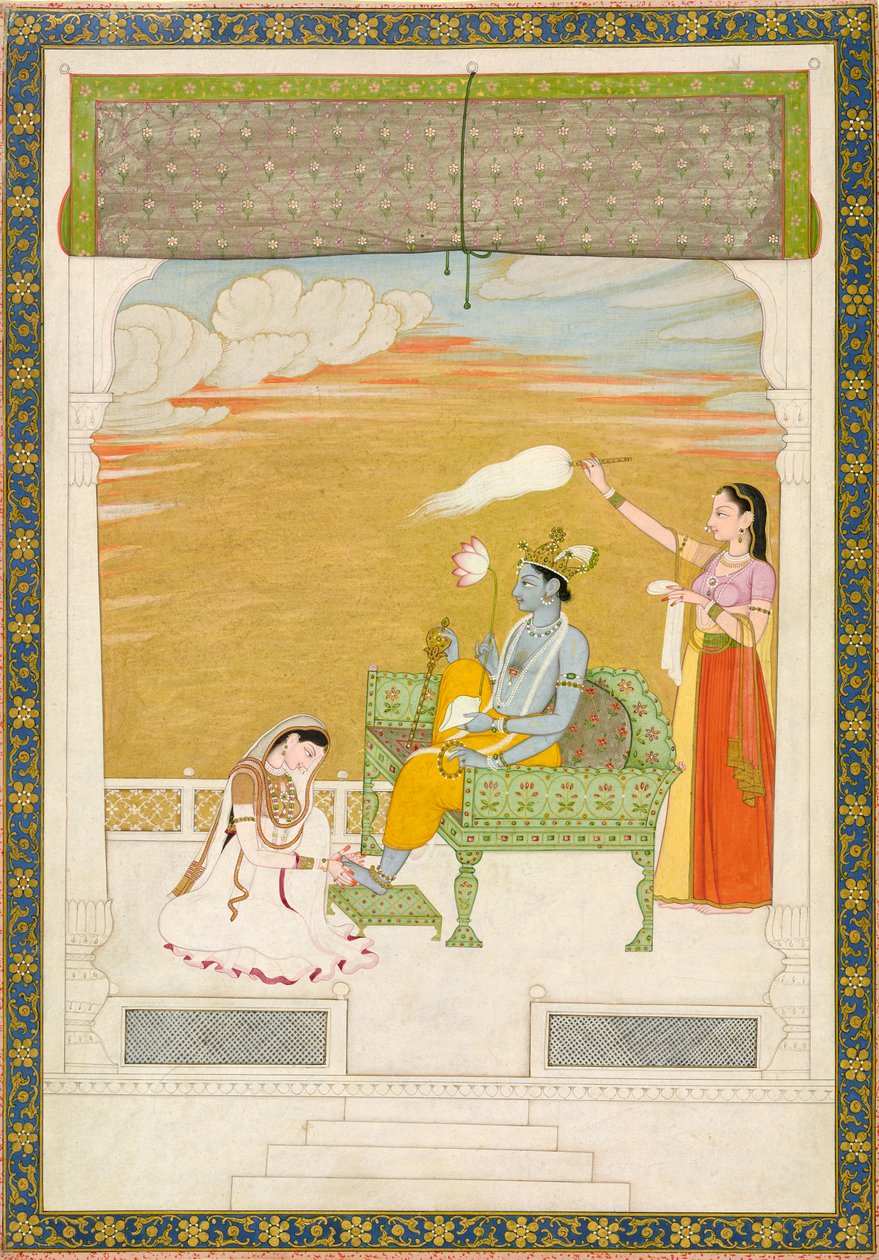 Lakshmi masszírozza Visnu lábát, kb. 1765-1770. Alkotók: Nainsukh, Manju. alkotó: Nainsukh Manju