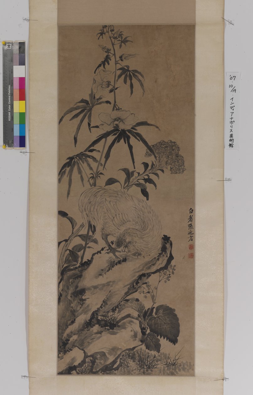 Rooster On Rock, Virágok között (tinta papíron) alkotó: Naiqi Zhang
