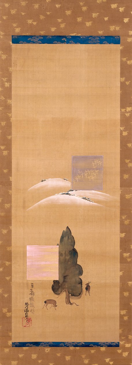 Nyolc nézet Yamatoról: Hó a Mikasa-hegyen és szarvasok a Kasuga-mezőn (tinta, szín a selyemen) alkotó: Nakamura Hochu
