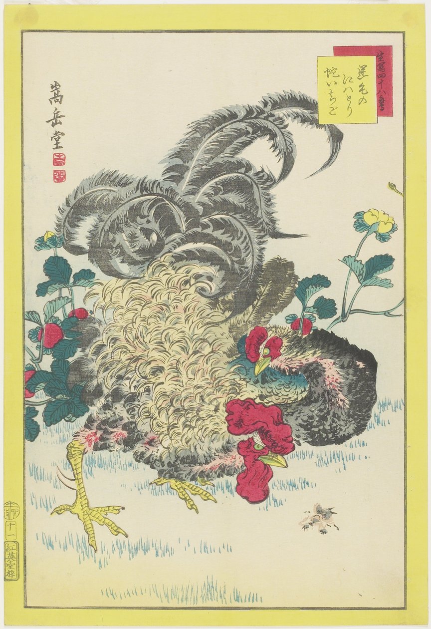 Kakas és málna, 1859. június (színes fanyomat) alkotó: Nakayama Sugakudo