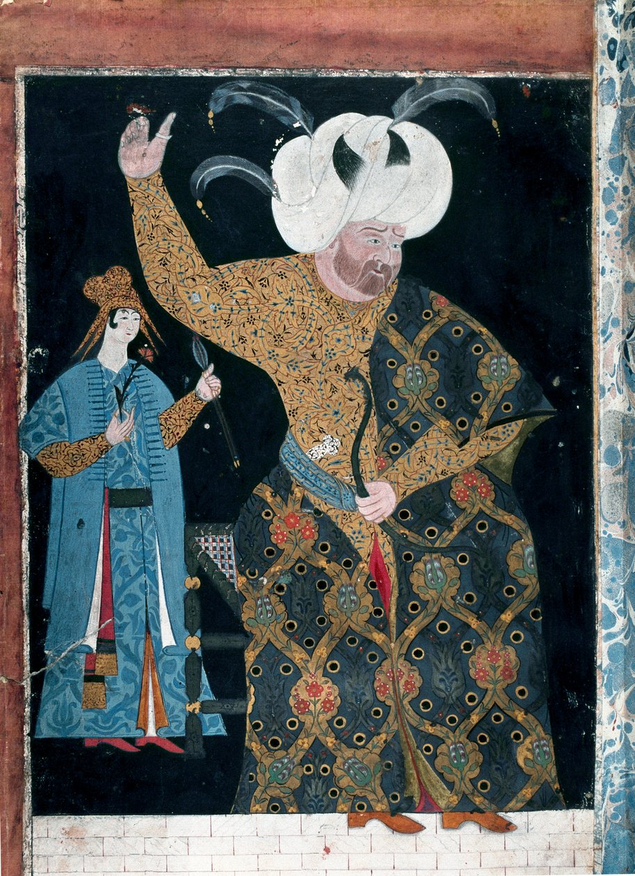 Oszmán Birodalom: „” II. Szelim szultán, a részeg vagy Sári, a Szőke portréja (1524-1574)”” Reis Haydar Nakkep dit Nigari (1494-1572) akvarell (TKS 2134, fol. 3 b) Isztambul, Topkapi Seray alkotó: Nakkep called Nigari Reis Haydar