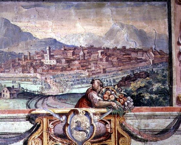 Hálószoba, a Medici-uralom alatti városokat ábrázoló fríz részlete, esetleg Volterra alkotó: Nanni di B. Bigio and Bartolomeo Ammannati