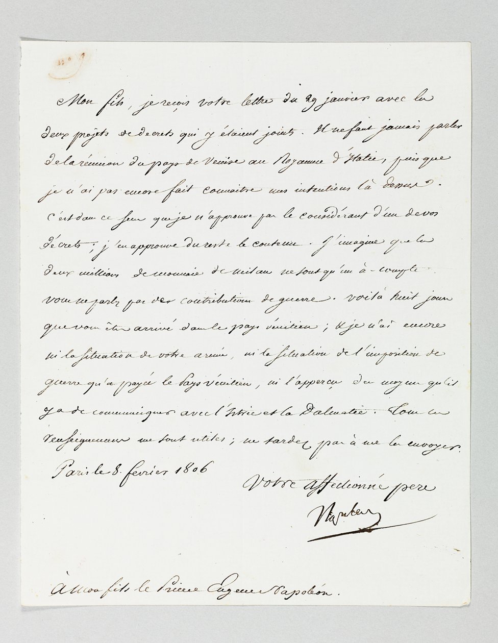 Napóleon aláírt levele mostohafiának, Eugène de Beauharnais Napóleon hercegnek alkotó: Napoleon Bonaparte