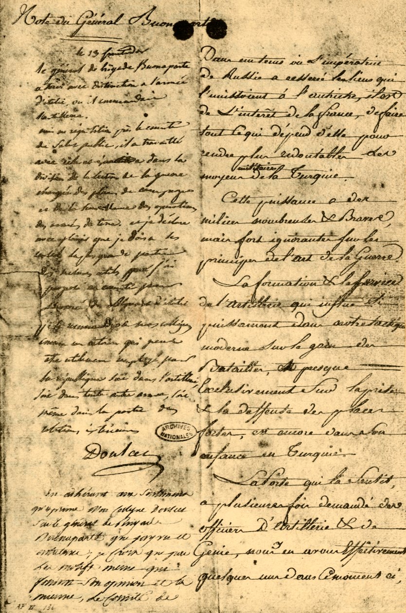 Bonaparte tábornok feljegyzése, 1795. szeptember 13., 1921. alkotó: Napoleon Bonaparte I