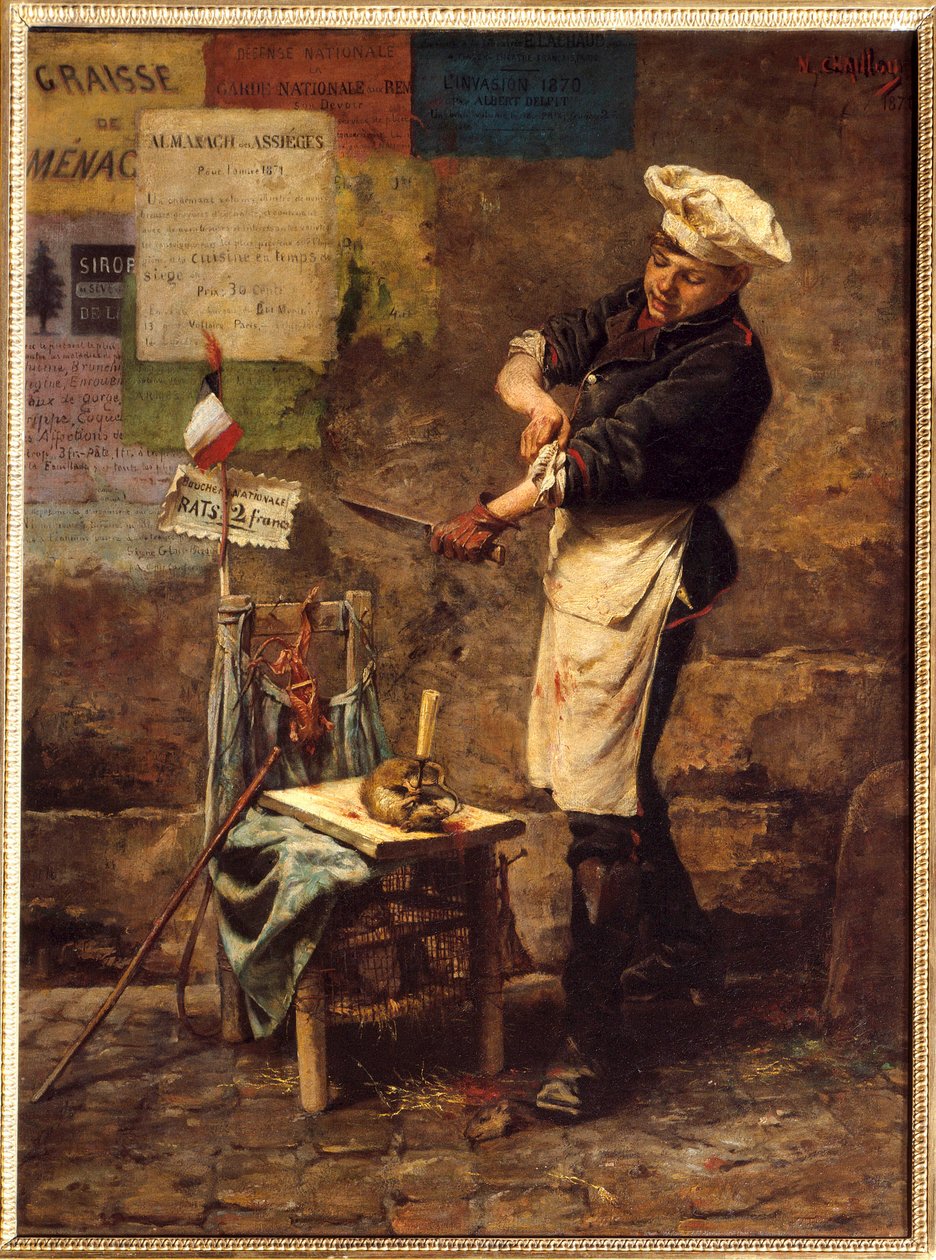 A patkányárus a párizsi ostrom alatt 1870-ben (h s/t 0,64 x 0,47) Narcisse Chaillou 1870-es (1835-1916) képe (Patkány eladó Párizs ostroma alatt alkotó: Narcisse Chaillou