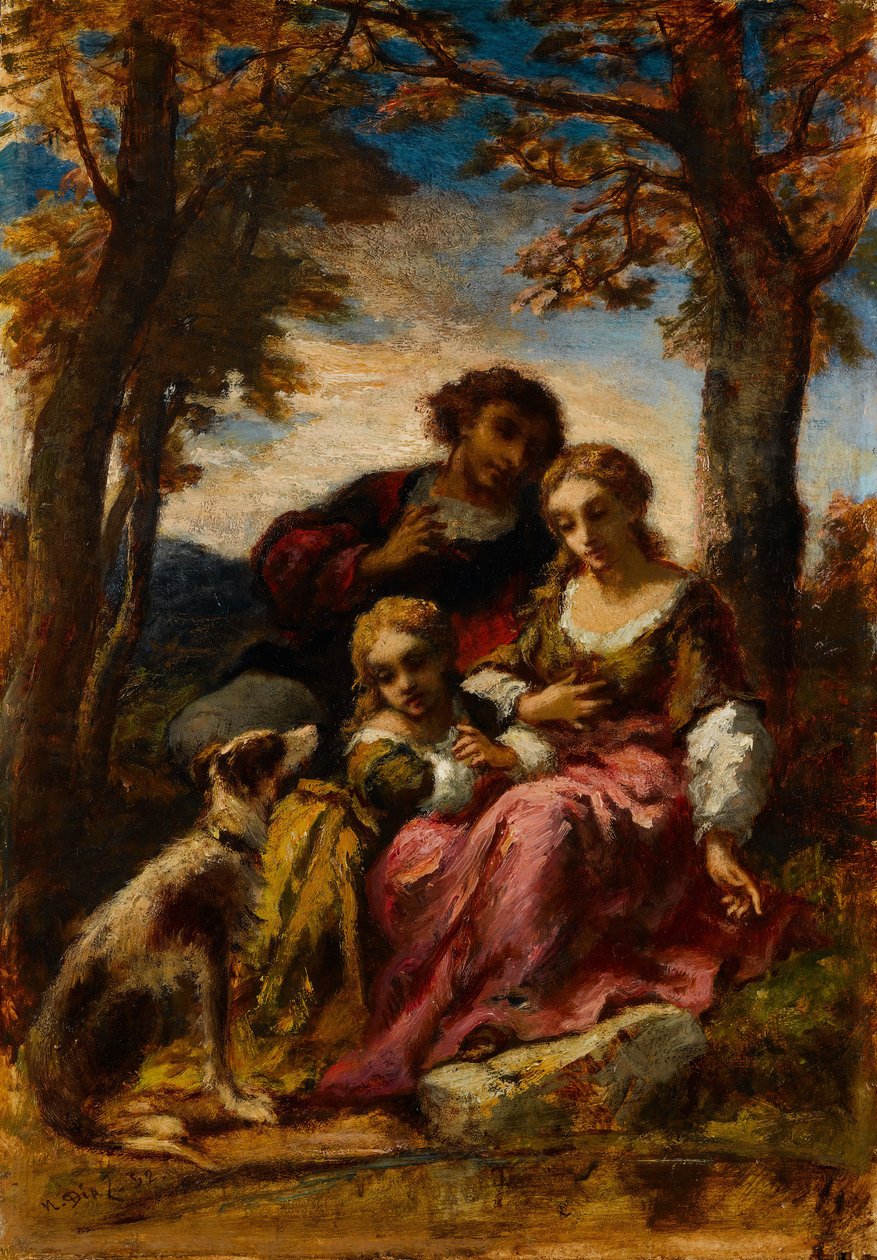 Figurák és kutya a tájban, 1852. alkotó: Narcisse Virgile Diaz de la Peña