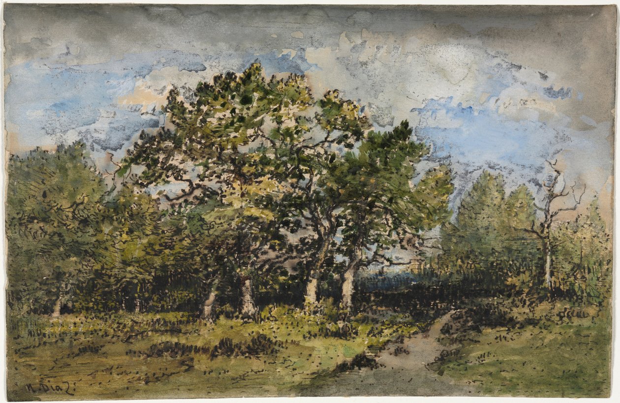 Tájkép, 1860 körül (akvarell és gouache, tollal, barna tussal és grafittal) alkotó: Narcisse Virgile Diaz de la Peña