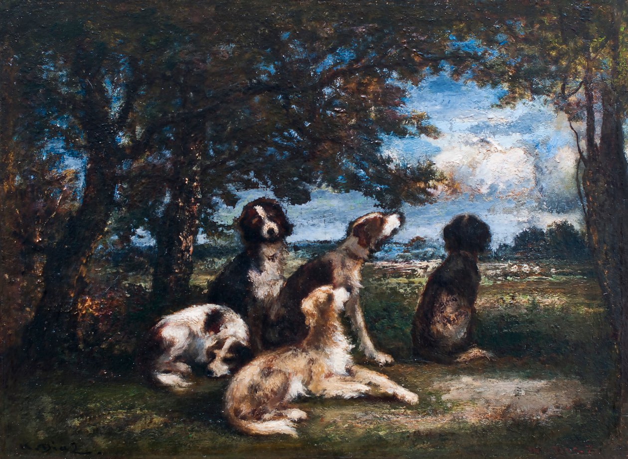 Kutyák a fontainebleau-i erdőben (olaj, tábla) alkotó: Narcisse Virgilio Diaz de la Peña