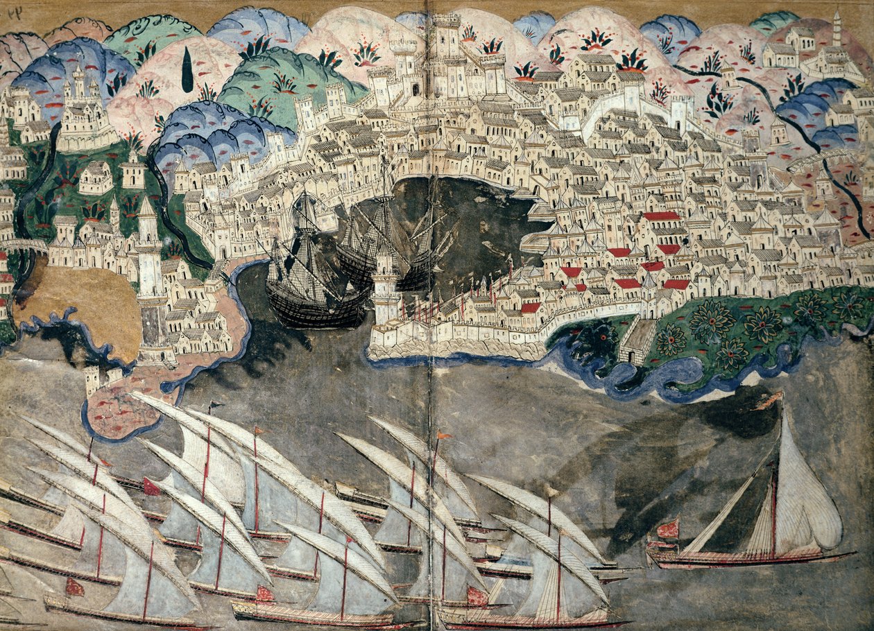 A marseille-i kikötőt elzáró oszmán flotta 1543-ban alkotó: Nasuh Al Silahi