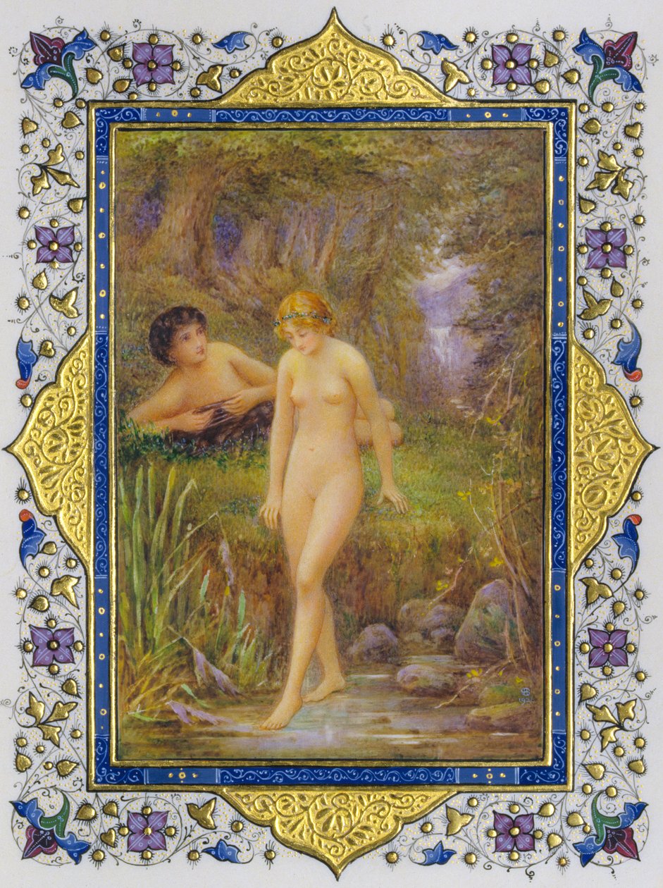 Illuminált oldal egy Shakespeare szonetteket tartalmazó könyvből, meztelen nővel, pásztori fanta... alkotó: Nathan Benn