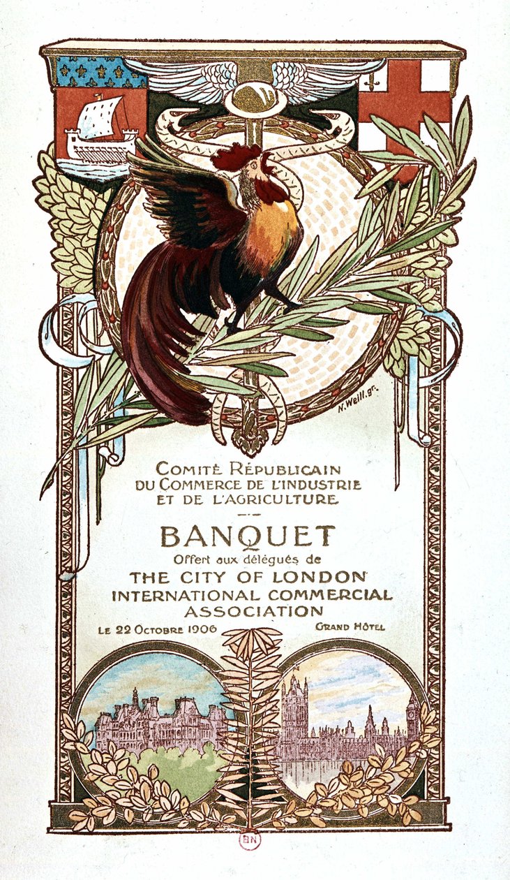 Kakas és emlékművek, a Republikánus Kereskedelmi, Ipari és Mezőgazdasági Bizottság bankett menüje 1906.11.22-én felajánlotta a City of London nemzetközi kereskedelmi egyesület küldötteinek alkotó: Nathan Weill