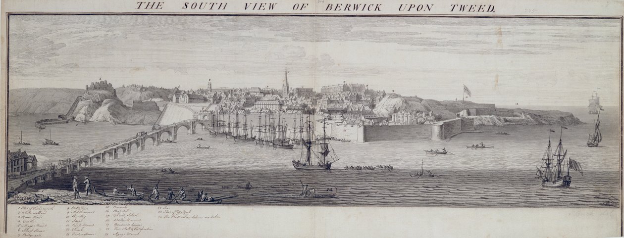 Berwick Upon Tweed déli képe, 1743-45 körül (toll, tinta és mosás papíron) alkotó: Nathaniel and Samuel Buck