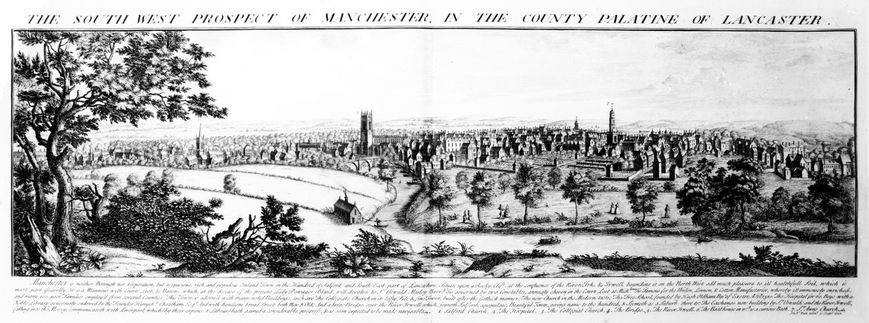 Manchester délnyugati kilátása Lancaster megyében, 1728 alkotó: Nathaniel and Samuel Buck