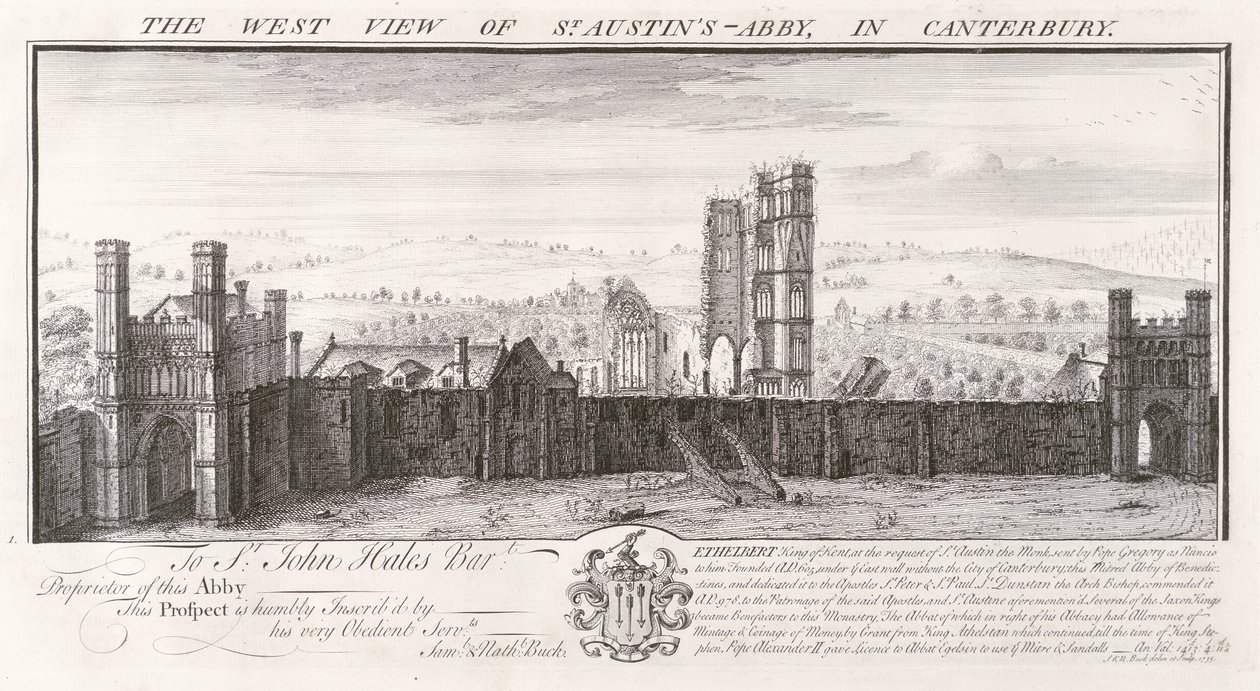 A canterburyi Szent Austin apátság nyugati látképe, az "A Collection of Engravings of Castles, Abbey, etc. in England" (Angliai kastélyok, apátságok stb. metszeteinek gyűjteménye) című 1735-ös kiadványból. alkotó: Nathaniel and Samuel Buck