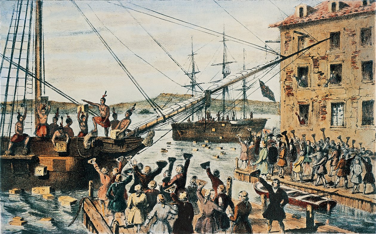 Boston Tea Party, angol teásládákat dobtak ki a telepesek Boston kikötőjében, december 16 alkotó: Nathaniel (after) Currier