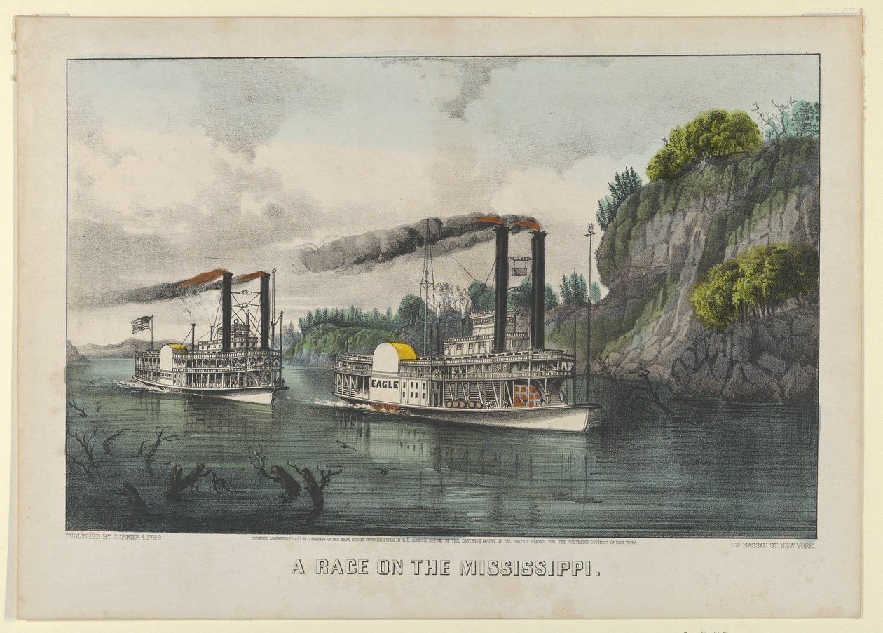 A Race on the Mississippi, 1870., 1870. Alkotók: Nathaniel Currier, James Merritt Ives, Currier és Ives. alkotó: Currier and Ives