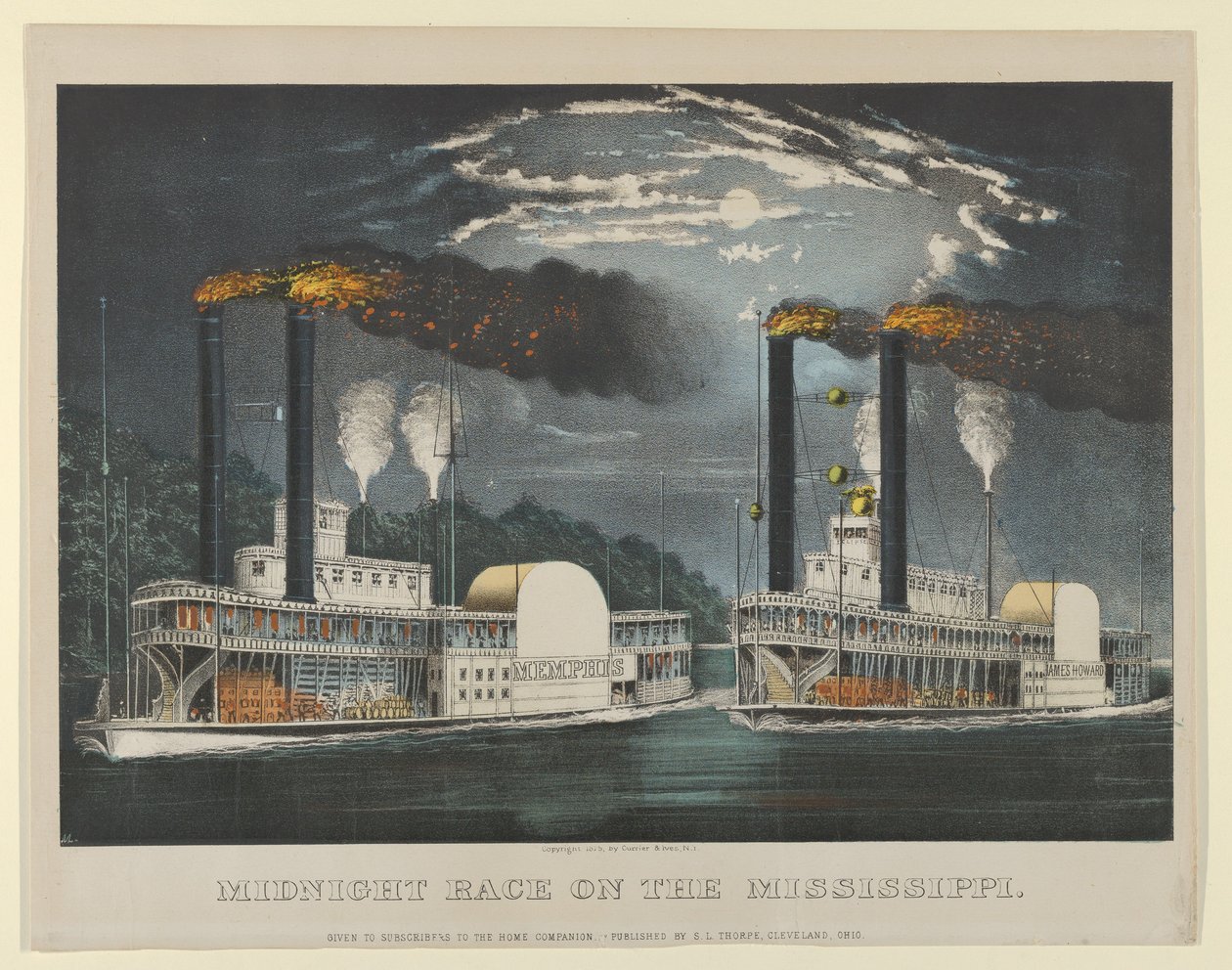 Midnight Race on the Mississippi, 1875., 1875. Alkotók: Nathaniel Currier, James Merritt Ives, Currier és Ives. alkotó: Currier and Ives